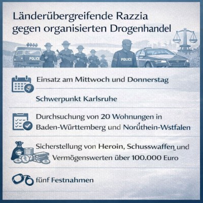 Großrazzia gegen Drogenhandel: Fünf Festnahmen in Karlsruhe